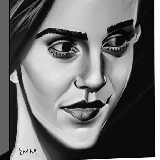 Image similar to modern stylized oil painting caricature of emma watson with ugly nose, cinematic dramatic lighting