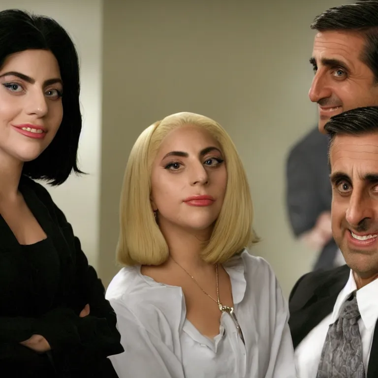 Prompt: confused lady gaga ( black haired ) looking at the camera while young steve carell ( in his early 4 0 s ) smiles behind her, from the office ( 2 0 0 5 ), detailed background, uhd, low light, cinematic, realistic, clear face, clear eyes.