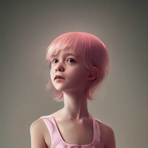 Image similar to little girl wearing an dress made of baby pink feathers, art by ilya kuvshinov, 8 k, concept art, gracious, realistic cgi