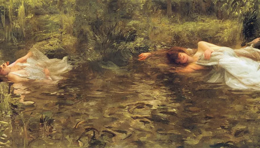 Prompt: artwork painting of ophelia by eugene von guerard, ivan shishkin, john singer sargent