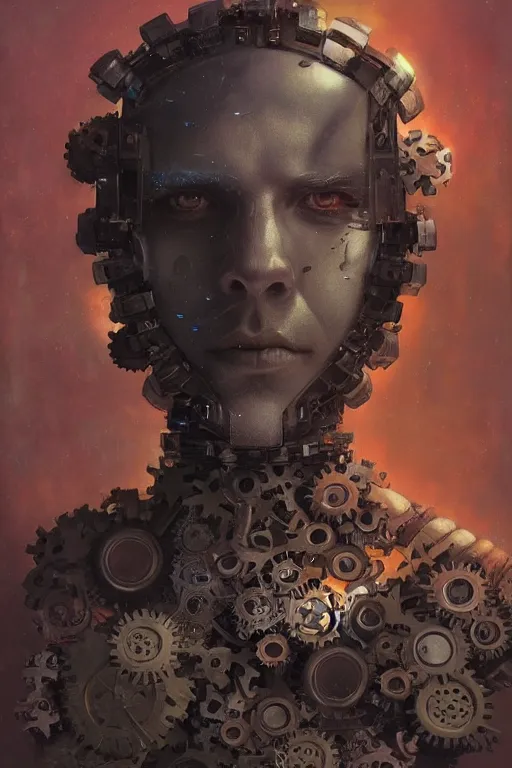 Image similar to portrait of a man made of a gears, by artgerm, tom bagshaw, gerald brom, vaporwave colors, lo fi colors, vaporwave, lo fi, moody vibe, goth vibe, 4 k, hd,