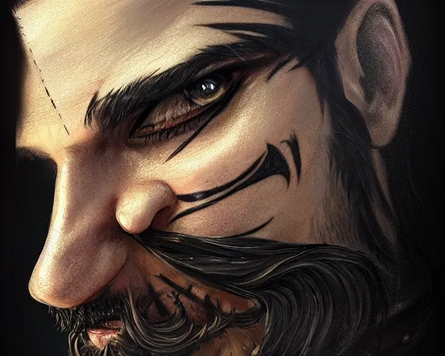 Prompt: close up of a pirate face, beard, smirk, black hair, face tattoo, deep focus, d & d, fantasy, intricate, elegant, highly detailed, digital painting, artstation, concept art, matte, sharp focus, illustration, hearthstone, art by artgerm and greg rutkowski and alphonse mucha