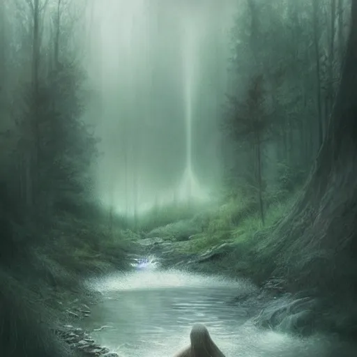 Image similar to forest child in a river, leesha hannigan, ross tran, fantasy, light, highly detailed faces, artwork, fog, forest