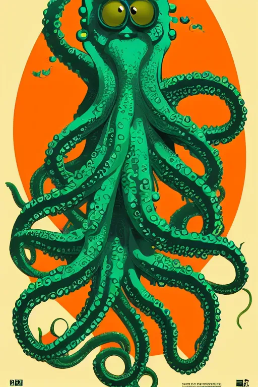 Prompt: a movie poster for the film (green tentacle octopus) by Tom Whalen, highly detailed, award winning creature portrait, fantasy, artstation