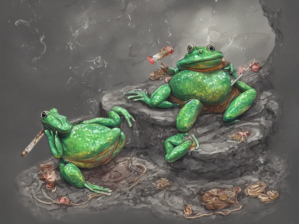 Prompt: a chinese frog in royal clothes bathing in a hot spring while smoking cigarette, digital painting, trending on artstation, deviantart, 8k, epic composition, intrinsic details, perfect coherence