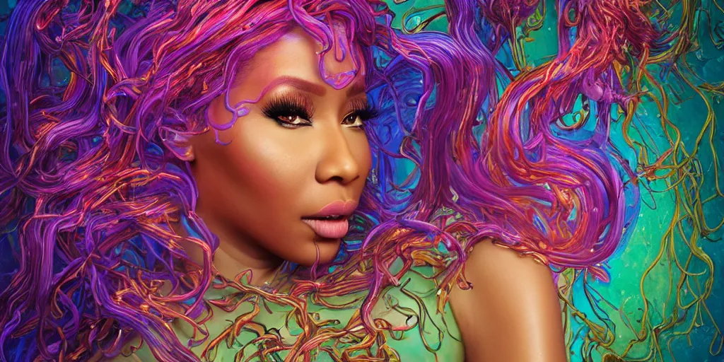 Prompt: nicki minaj, epic image of a glossy wet levitating floating fungus spirit with arms outstretched, made from colorful wet fungus tendrils. illustration by james jean, by ivan bilibin. uhd, amazing depth, glowing, golden ratio, 3 d octane cycle unreal engine 5, volumetric lighting, cinematic lighting, cgstation artstation concept art