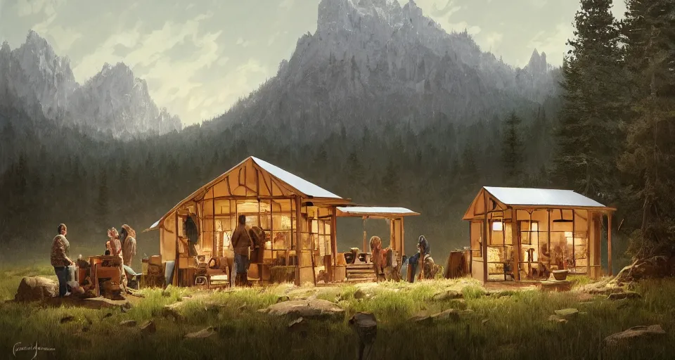 Image similar to cabela's beautiful comfortable modular pop - up insulated all terrain family dwelling, cabin,, person in foreground, mountainous forested wilderness open fields, beautiful views, painterly concept art, joanna gaines, environmental concept art, farmhouse, magnolia, concept art illustration, by james gurney, by craig mullins, by greg rutkowski trending on artstation