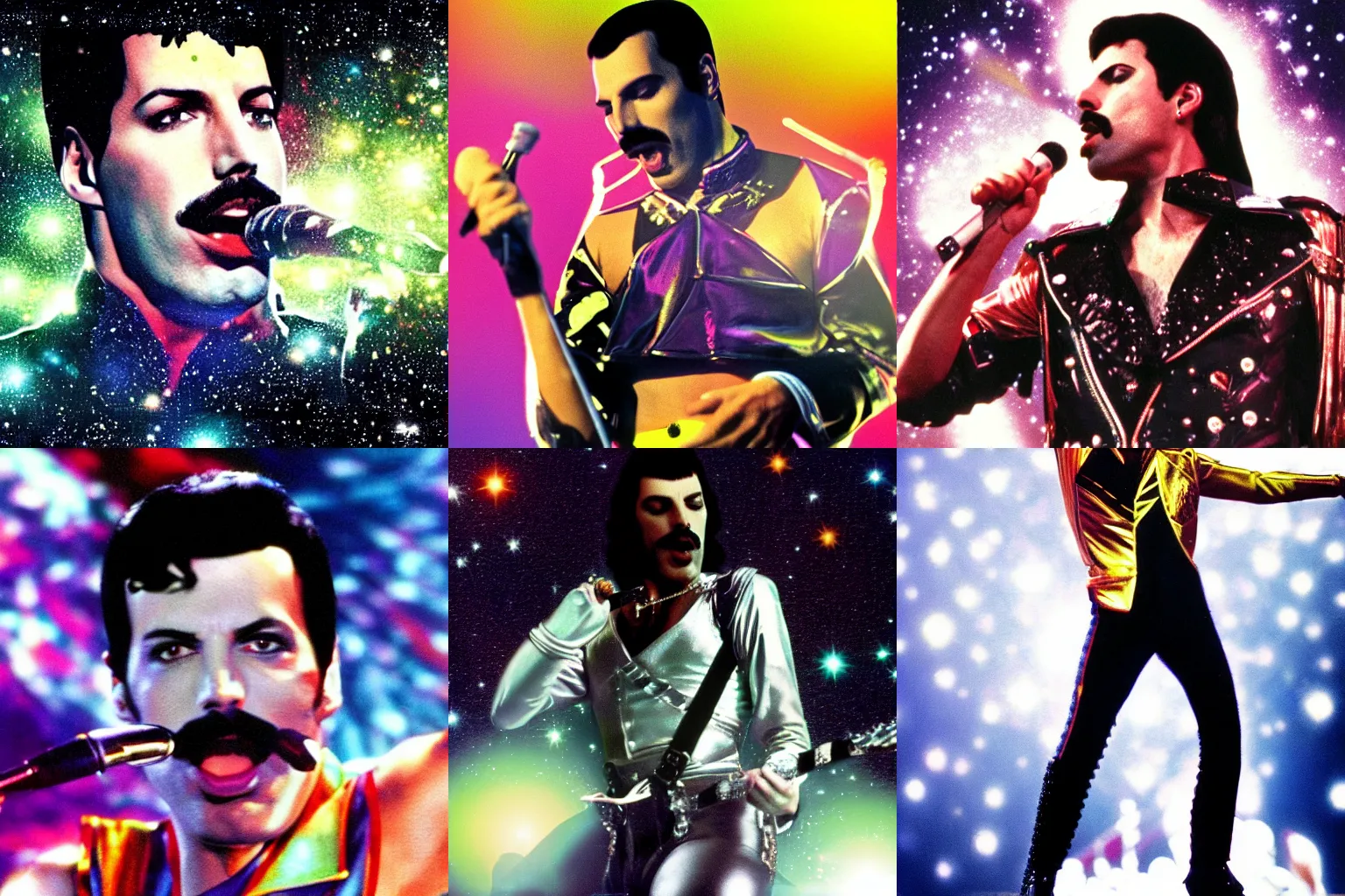 Prompt: freddie mercury performing on planet mercury, galaxy background, high contrast, 8 0's portrait style