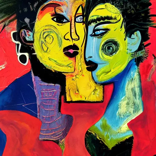 Image similar to beautiful painting of two bizarre psychedelic women kissing each other closeup in a cafe in japan, speculative evolution, mixed media collage by basquiat and jackson pollock, magazine collage art, sapphic art, lesbian art