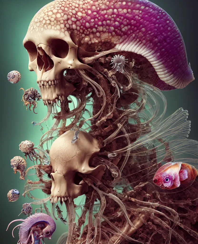 Prompt: goddess close-up portrait ram skull, skeleton, thorax, x-ray, backbone, jellyfish phoenix head, nautilus, orchid, skull, betta fish, bioluminiscent creatures, intricate artwork by Tooth Wu and wlop and beeple. octane render, trending on artstation, greg rutkowski very coherent symmetrical artwork. cinematic, hyper realism, high detail, octane render, 8k