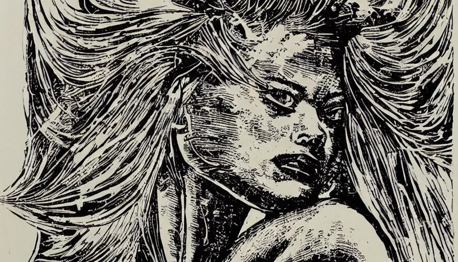 Prompt: linocut print of doutzen kroes by simon bisley, hr giger and beksinski, ink, detailed, clean lines