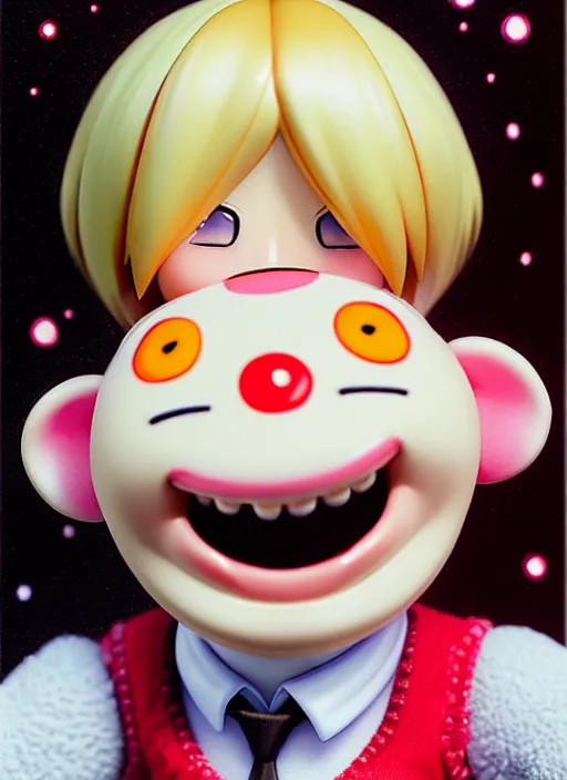 Prompt: a hyperrealistic oil panting of a looney kawaii vocaloid figurine caricature with a big dumb goofy grin, rosy cheeks with freckles, and pretty sparkling anime eyes featured on wallace and gromit by norman rockwell