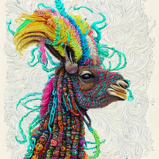 Image similar to llama with dreadlocks, colorful, detailed by ernst haeckel, james jean, mandy jurgens