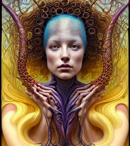 Image similar to detailed realistic beautiful young groovypunk queen of andromeda galaxy in full regal attire. face portrait. art nouveau, symbolist, visionary, baroque, giant fractal details. horizontal symmetry by zdzisław beksinski, iris van herpen, raymond swanland and alphonse mucha. highly detailed, hyper - real, beautiful