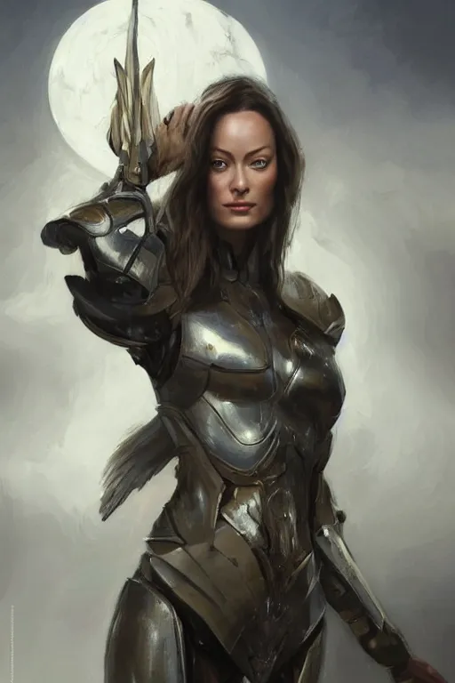 Image similar to a professional painting of a young Olivia Wilde, clothes in military armor, olive skin, long dark hair, beautiful bone structure, symmetrical facial features, intricate, elegant, digital painting, concept art, smooth, sharp focus, illustration, from StarCraft by Ruan Jia and Mandy Jurgens and Artgerm and William-Adolphe Bouguerea