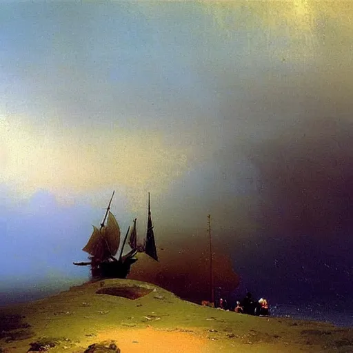 Image similar to aivazovsky's painting is an oil masterpiece. a small cozy village. stunning beautiful landscape.