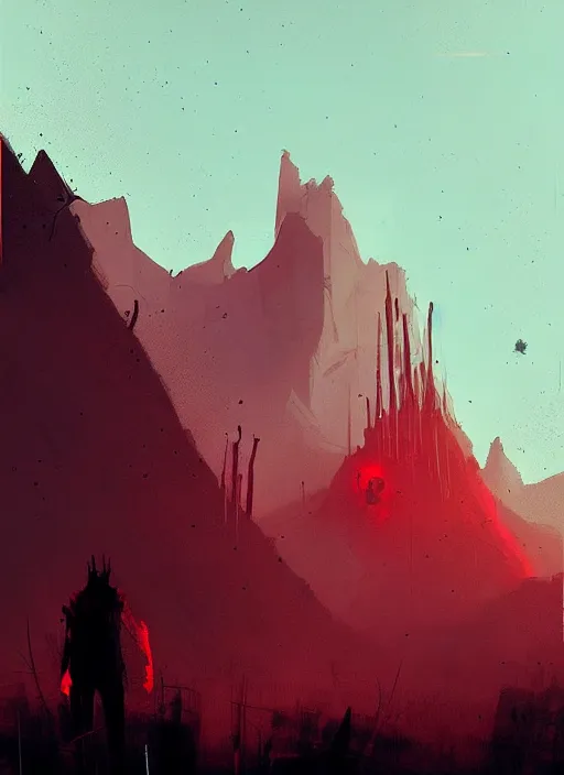 Image similar to horror art, minimalist demon, red peaks in the background, art by ismail inceoglu