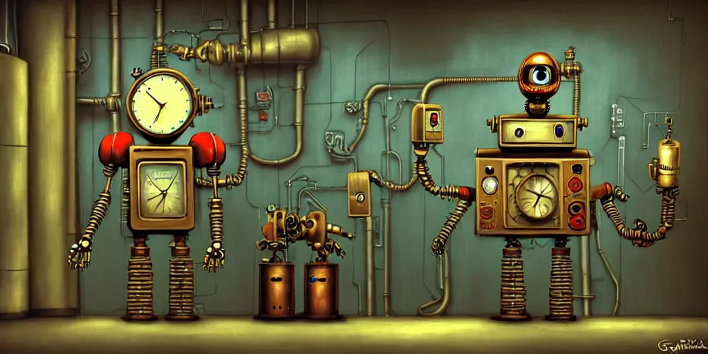 Prompt: steampunk robot happy Funny cartoonish with red eyes at a nuclear control room, by Gediminas Pranckevicius H 704