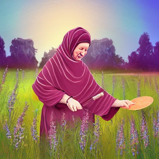 Prompt: a babushka playing drums in a field full of herbs, digital art