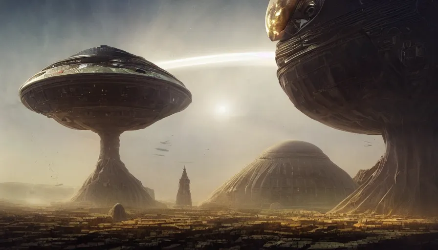 Image similar to a giant alien ufo high tech spaceship eerily hovering on nineveh on mesopotamia city landscape with beautiful shrines by greg rutkowski, artgerm, ross tran, magali villeneuve, intricate, time travel theme, audince in awe, spectacle, audience sorrounding, award winning, octane render, masterpiece, 8 k, beautiful