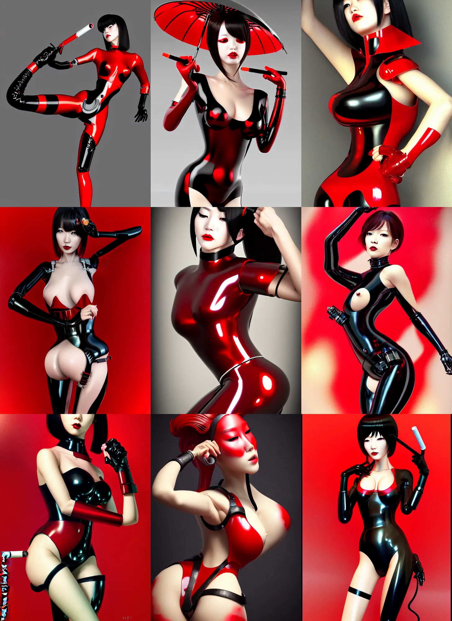 Prompt: full length complex 3 d hyper realistic smooth ultra sharp render of a gorgeous!! red and black latex wearing female cyborg | beatiful artificial girl | smoking a cigarette | art by oh jinwook + 吵 集 仁 儿 on artstaion + takeshi obata + alphonse mucha + wlop + artgerm