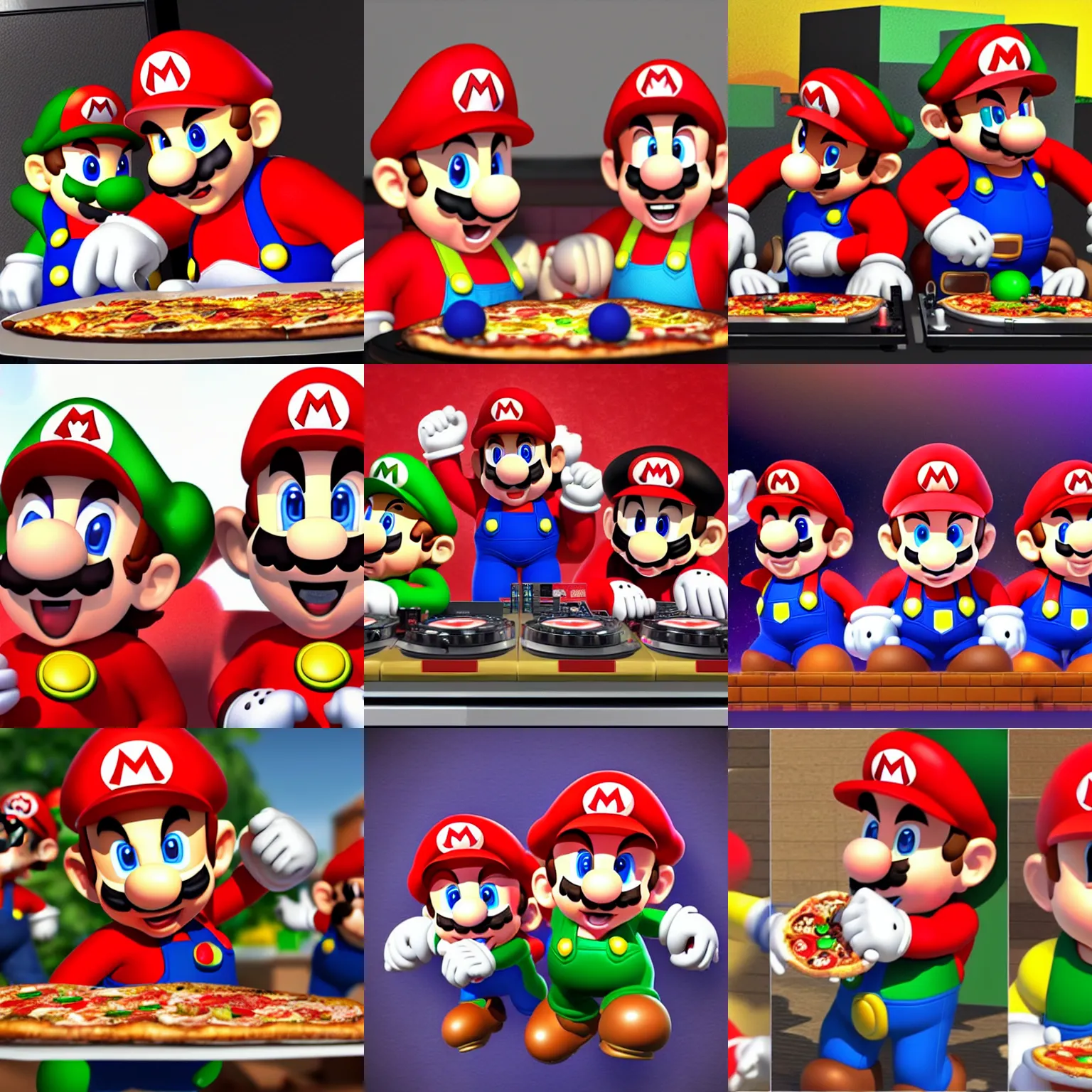 Prompt: 3d rendered realistic Mario brothers wearing heaphones eating pizza and DJing with DJ turntables, unreal