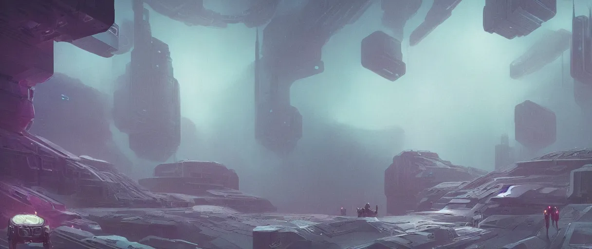 Image similar to Halls of Space by Ben Wanat; illustration, deep space exploration, the expanse tv series, industrial design, space travel, intergalactic, atmospheric, cinematic lighting, 4k, greebles, widescreen, wide angle, beksinski, sharp and blocky shapes, simon stalenhag palette