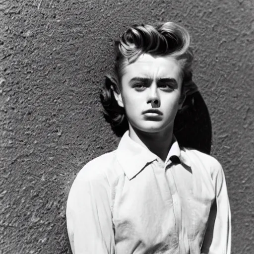 Image similar to James Dean as a girl, leaning against a wall in the 1950s