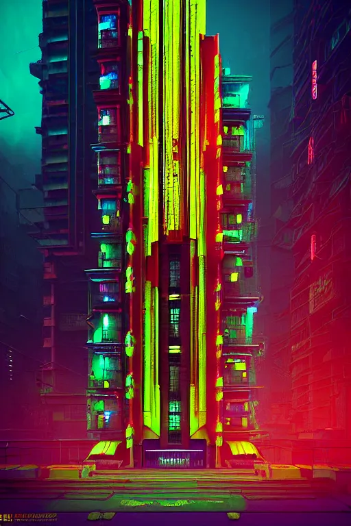 Image similar to high quality 3 d render colorful cyberpunk brutalist hanuman head building, neon yellow madhubani, highly detailed, in sci - fi mumbai, unreal engine cinematic smooth, liam wong, moody light, low angle, uhd 8 k, sharp focus