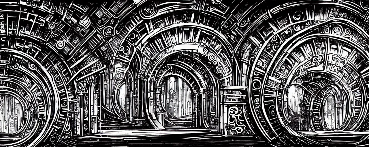 Image similar to a double helix dna cyberpunk steampunk stone carved archway, art deco high details, lineart, by vincent di fate and joe fenton, inking, screen print, masterpiece, trending on artstation, sharp, high contrast, hyper - detailed, ultrawide, hd, 4 k, 8 k