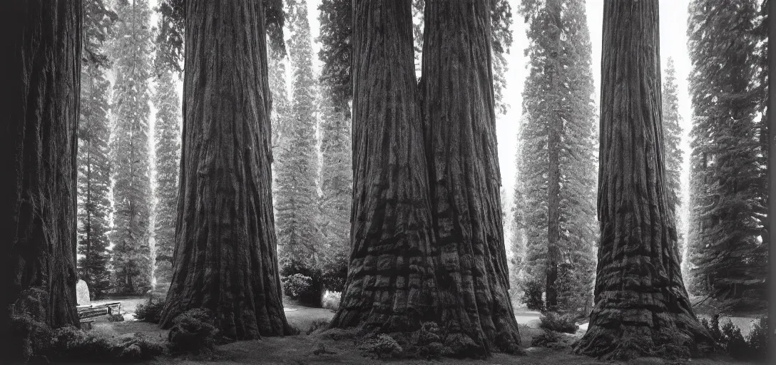 Image similar to house built into and inside a single giant sequoia. color photograph by jerry uelsmann. fujinon premista 1 9 - 4 5 mm t 2. 9. portra 8 0 0.