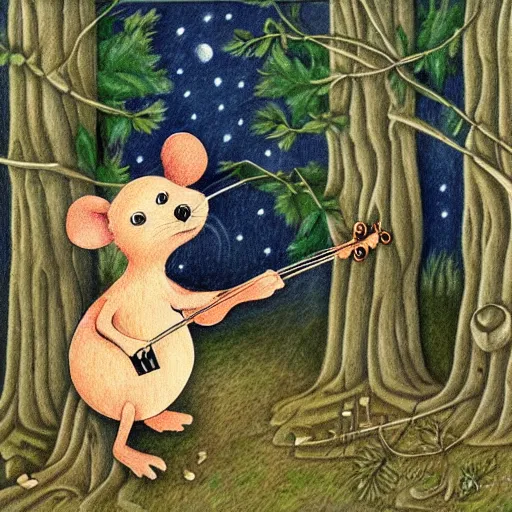 Image similar to mouse playing violin, fantasy forrest background, moonlight, coloured pencil, detailed, medium shoot