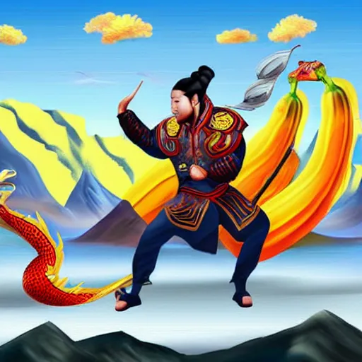 Image similar to Chinese president, battle against dragon, bananas weapon, mountains background, fighting stance, painting