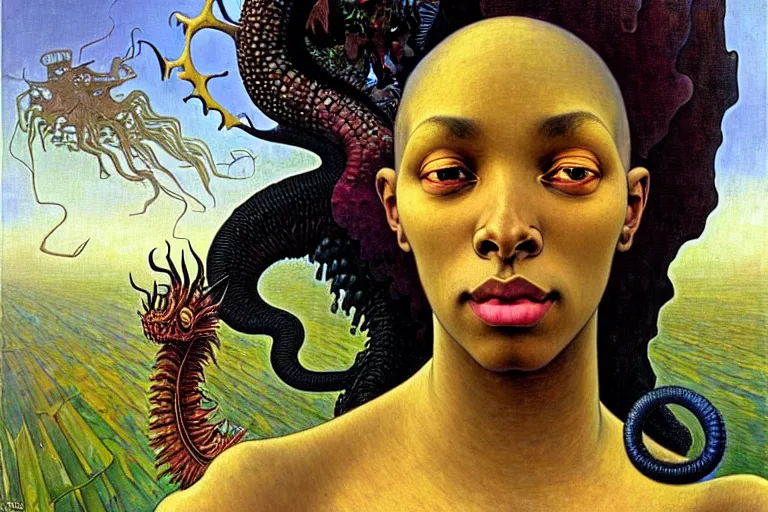 Image similar to realistic extremely detailed closeup portrait painting of a beautiful black woman, mutant dragon and a single old house on background by Jean Delville, Amano, Yves Tanguy, Ilya Repin, Alphonse Mucha, Ernst Haeckel, Edward Robert Hughes, Roger Dean, rich moody colours