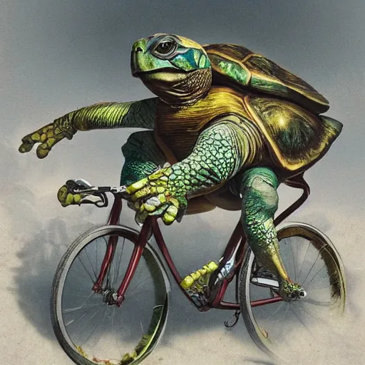 Image similar to a turtle with bike helmet riding a fixie bicycle, digital art by łukasz piskorz and patrick mcenvoy and michael komarck, intricate, highly detailed, artstation, concept art, smooth, sharp focus photo centered