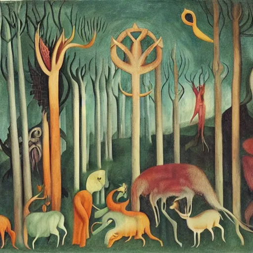 Prompt: a forest with fauna and flora, painting by leonora carrington