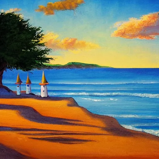 Image similar to sand castles by the sea, by bob ross,