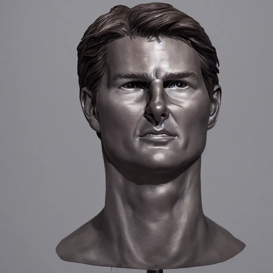 Prompt: studio photograph of hyperrealistic accurate portrait sculpture of tom cruise, beautiful symmetrical!! face accurate face detailed face realistic proportions, made of polished steel plate armor on a pedestal by ron mueck and frank frazzetta, hyperrealism cinematic lighting shocking detail 8 k