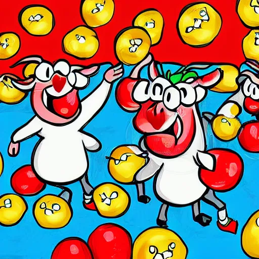 Prompt: happy cartoon sheep dancing on stage with angry crowd throwing tomatoes, digital painting, harsh lights, fun, silly, garry larson