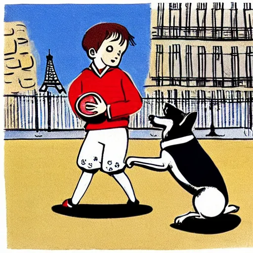 Image similar to book illustration of a french boy on the streets of paris playing football against a corgi, the dog is wearing a polka dot scarf, 1 9 6 6