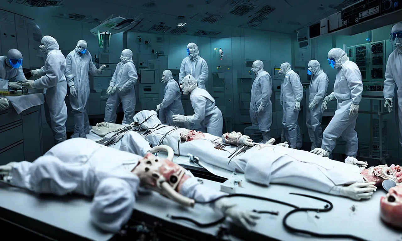 Prompt: alien scientists making human autopsy in dark spaceship laboratory, with electric arc devices, lightnings, dramatic shadows cast on dirty ground, showcases full of embryos, soft smoke, volumetric lighting, subsurface scattering, dramatic lighting, high detail, from new scifi by digital domain and weta digital, strong ambient occlusion, matrix movie color grading