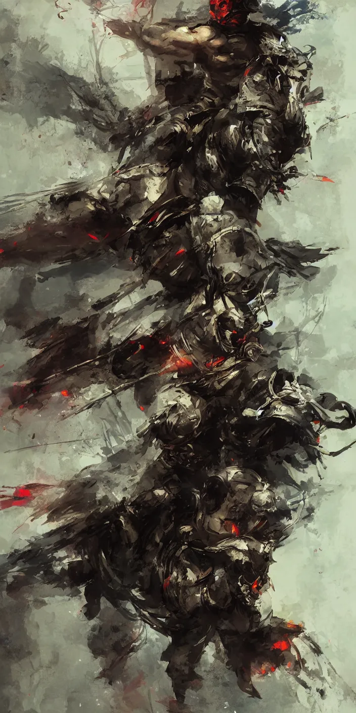 Prompt: a beautiful painting of a chinese warrior in a scenic environment by Yoji Shinkawa and Ruan Jia, strong lines and bold colors, limited color palette, atmosphere and tension, Japanese, trending on artstation
