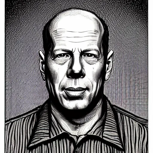 Image similar to a illustration portrait of Bruce Willis drawn by Robert Crumb