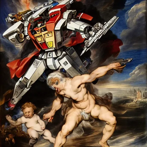 Image similar to peter paul rubens as consequences of wars with mecha gundam invited, random content position, delete duplicate content, photorealistic details content.