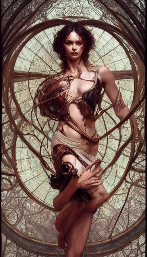 Prompt: contortionist, passionate , seductive, sweaty, intricate fashion clothing, insane, intricate, highly detailed, digital painting, artstation, concept art, smooth, sharp focus, illustration, Unreal Engine 5, 8K, art by artgerm and greg rutkowski and alphonse mucha