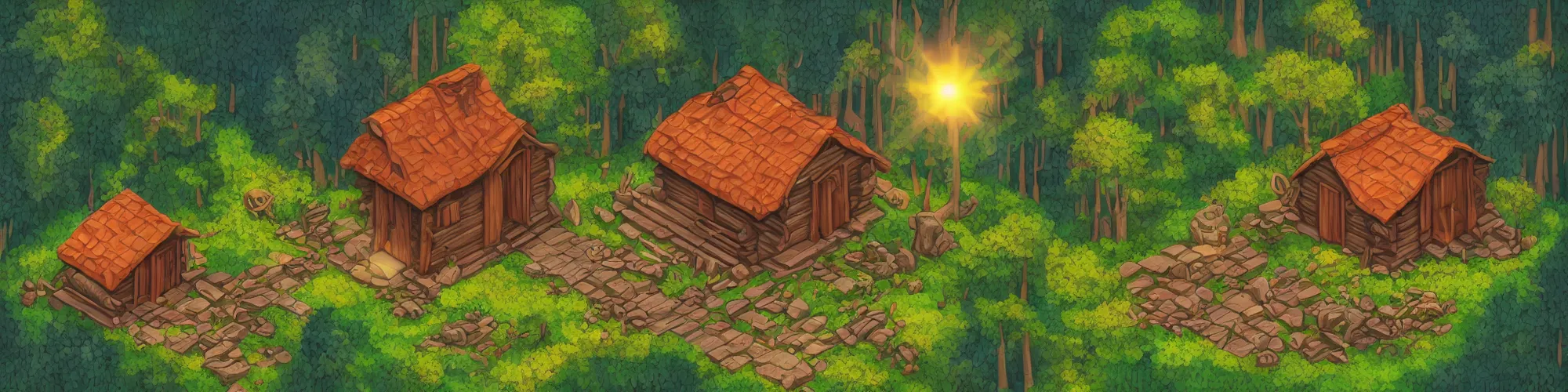 Image similar to isometric painting of ancient forest with mystical cozy cabin highlighted by sun