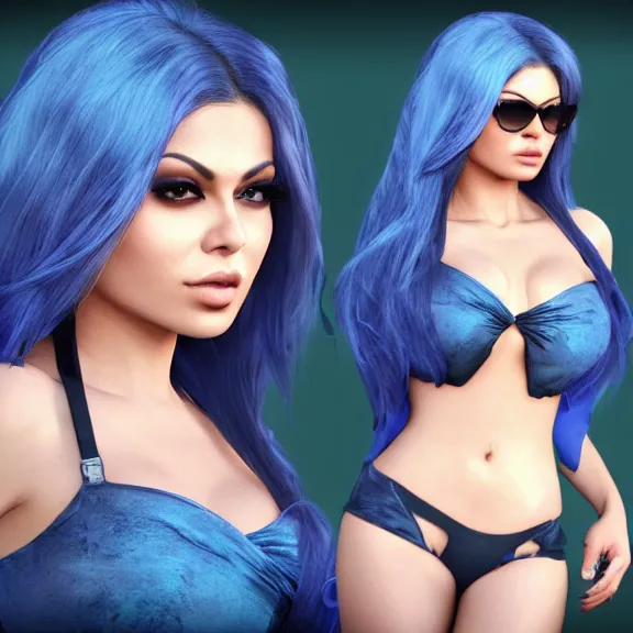 Image similar to portait of haifa wehbe, long hair centred, hd, very detailed curve, unreal engine, final fantasy style, blue soft background