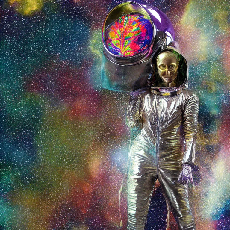 Image similar to octane render portrait by wayne barlow and carlo crivelli and glenn fabry, subject is a woman covered in tie - dye aluminum foil space suit with a colorful metallic space helmet, surrounded by alien plants, cinema 4 d, ray traced lighting, very short depth of field, bokeh