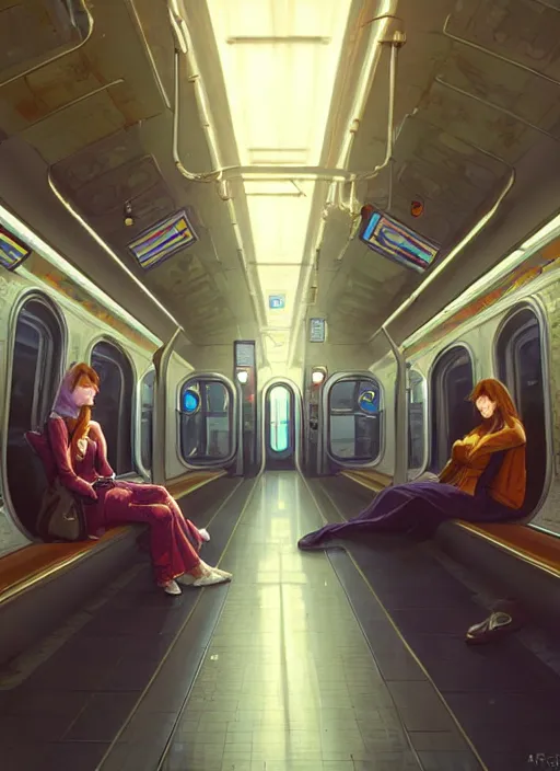 Image similar to perfectly - empty subway train interior, intricate, highly detailed, digital painting, artstation, concept art, smooth, sharp focus, illustration, unreal engine 5, 8 k, art by artgerm and greg rutkowski and alphonse mucha