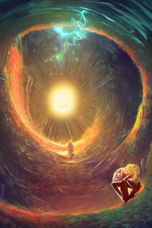 Image similar to portrait of trump drinking ayahuasca in a wormhole, by pablo amaringo, dramatic lighting, concept art, artstation